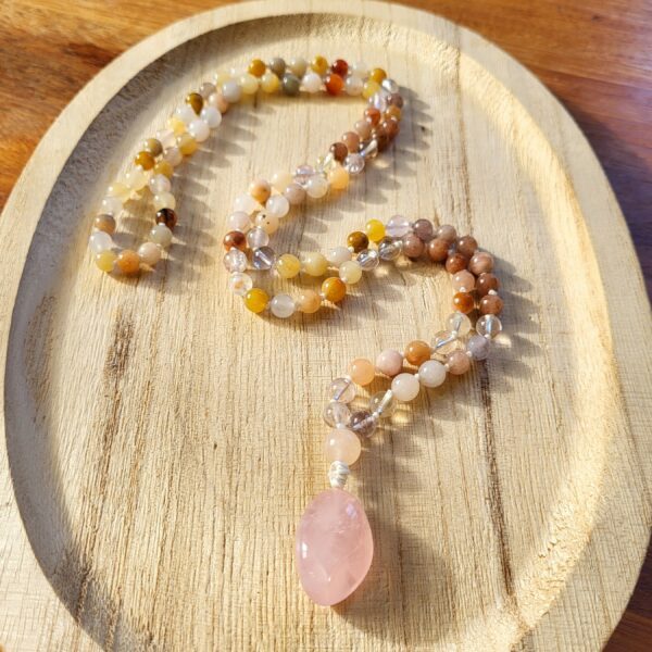 Mala Aventurine jaune - Pierre de lune rosée - Jade multicolore - Calcite et Quartz Rose - Modèle Unique – Image 2