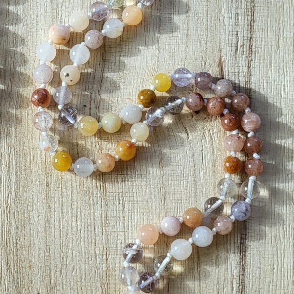 Mala Aventurine jaune - Pierre de lune rosée - Jade multicolore - Calcite et Quartz Rose - Modèle Unique – Image 4
