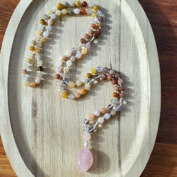 Mala Aventurine jaune - Pierre de lune rosée - Jade multicolore - Calcite et Quartz Rose - Modèle Unique
